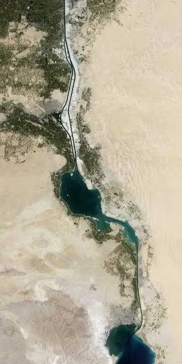 An aerial view of the Suez Canal through Egypt