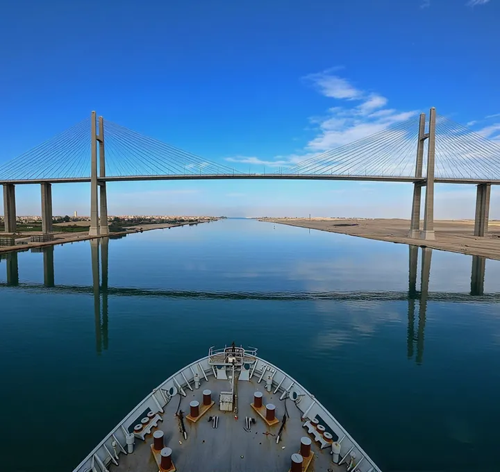 A cargo vessel underway on the Suez Canal