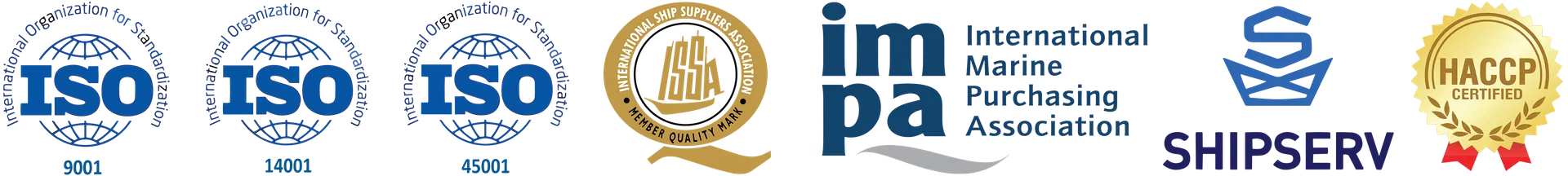 ISO 9001, ISO 14001, ISO 45001, ISSA, International Marine Purchasing Association (IMPA), SHIPSERV, and HACCP certification and association logos
