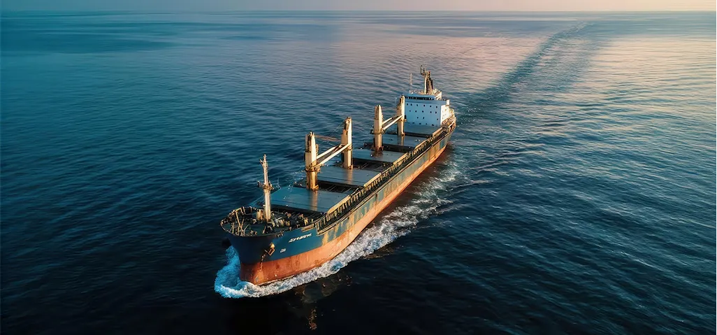 A cargo vessel sailing through blue water